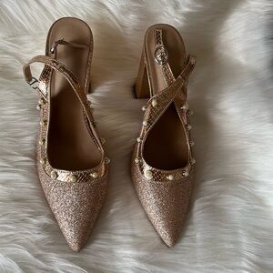 Gold Glitter Slingback Heels with Ankle Straps